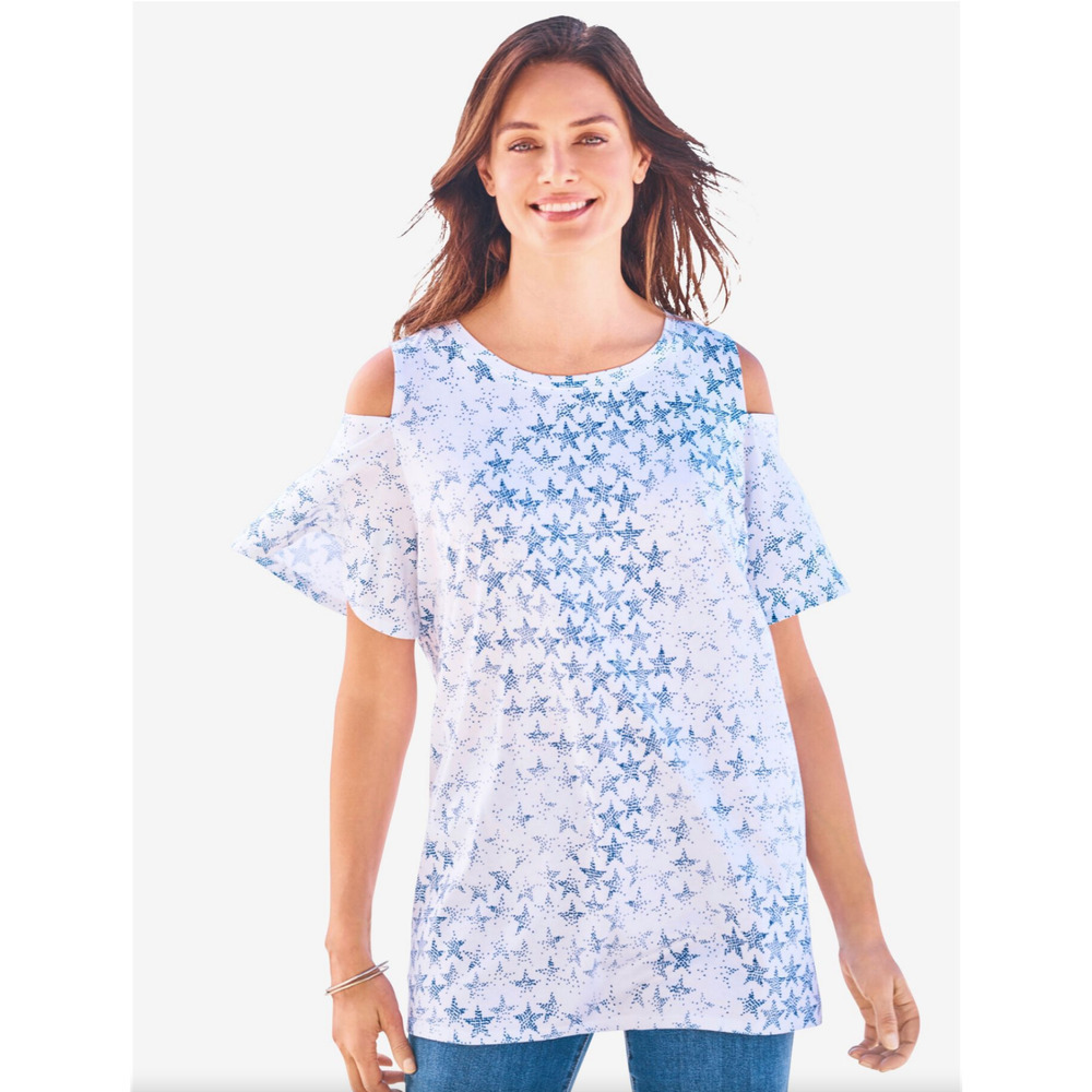 Woman Within Plus Size 26 28 2X Stars Print Cold Shoulder Tee Top White Blue